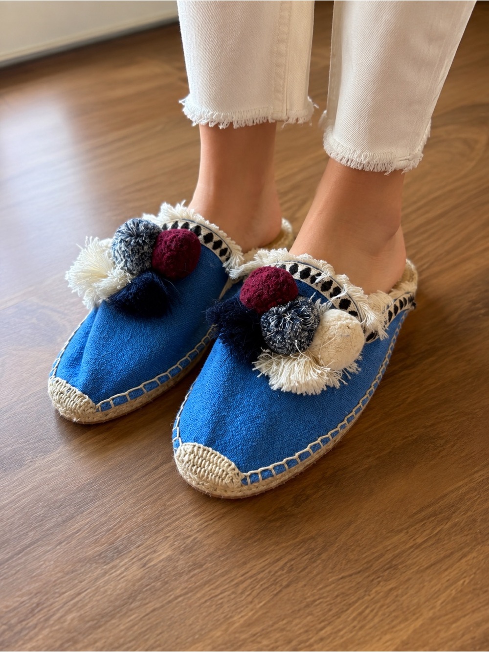 Soludos Blue Pom-Pom Espadrille Mules – Size 43, 9.5 US